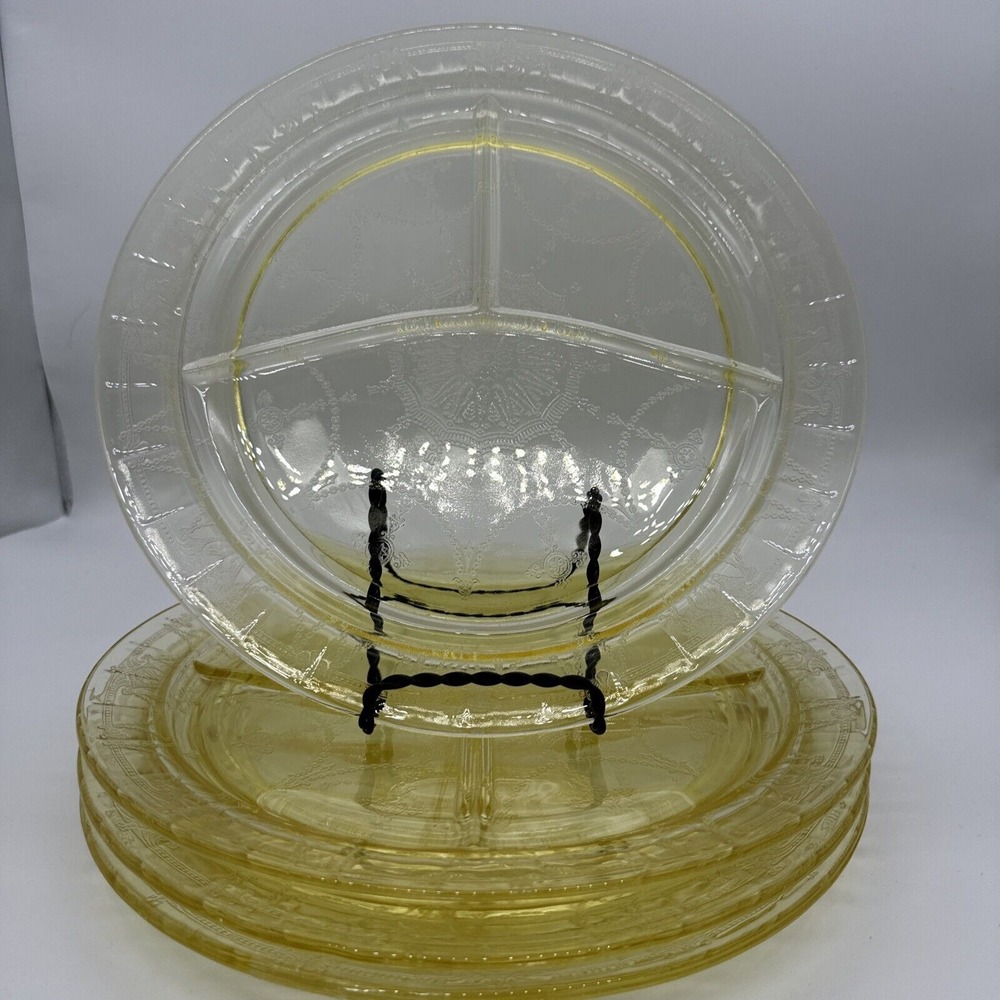 Vintage Yellow Depression‎ Glass Divided Dinner Plates Set of 5 Floral Etched